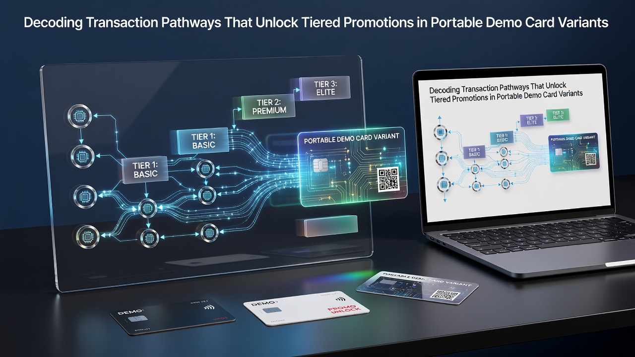 Mobile demo card game interface showing transaction pathways and tiered promotion unlocks on a handheld device