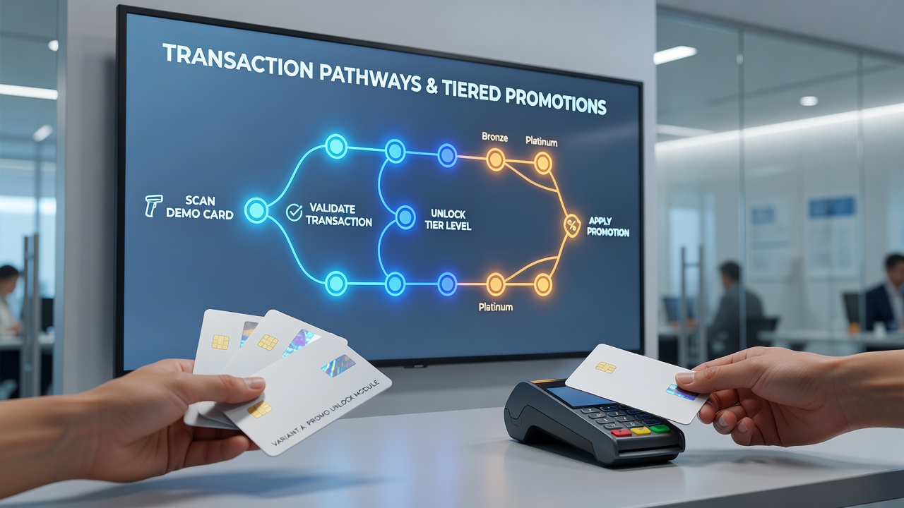 Diagram of transaction flow and promotion tiers in mobile demo card variants