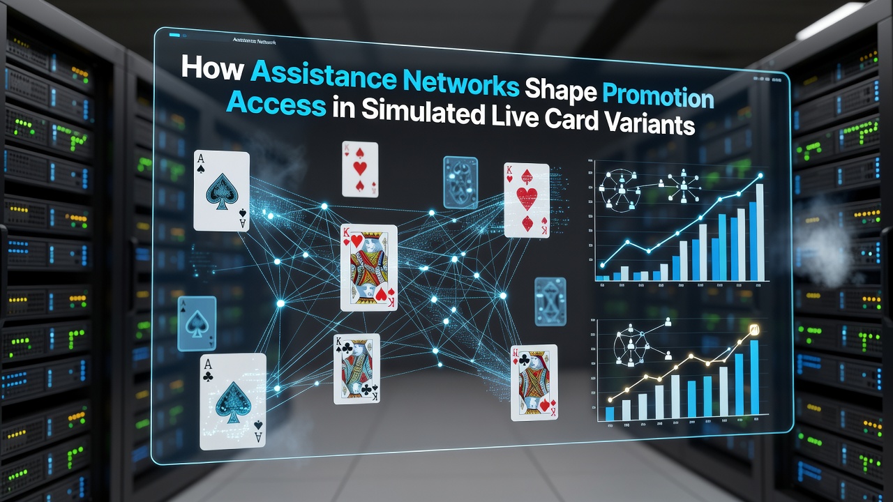 Diagram showing assistance network pathways connecting players to promotion eligibility in simulated live card game environments