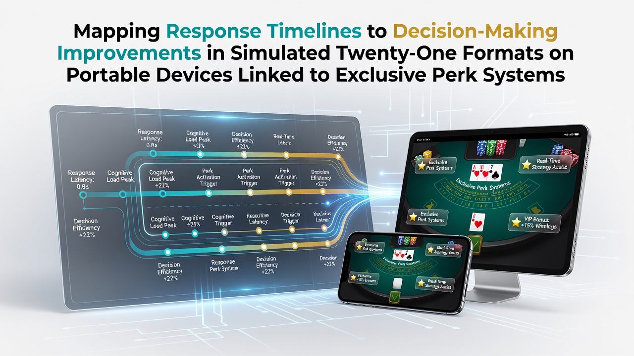 Mobile device screen showing simulated twenty-one gameplay with overlaid response timeline metrics and perk indicators
