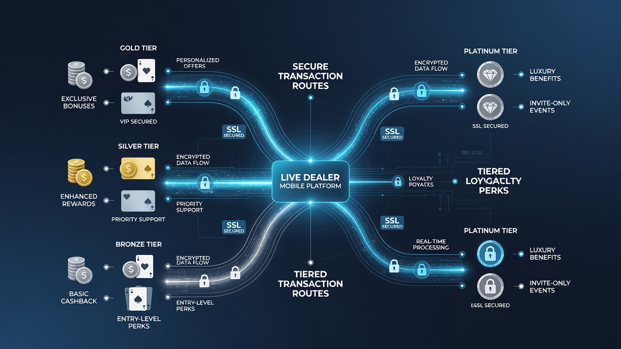 Data flow diagram showing loyalty perk activation through encrypted mobile transaction routes