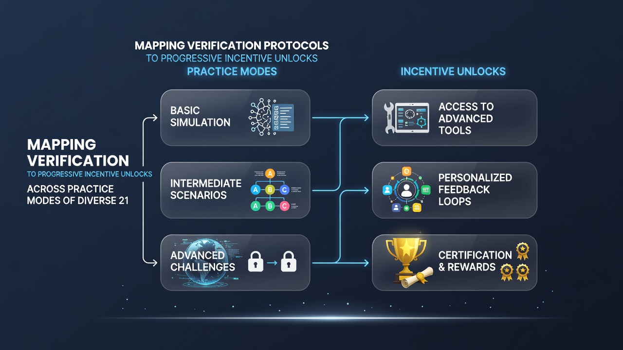 Flowchart overlay on smartphone screen illustrating verification steps leading to unlocked incentives in blackjack practice modes