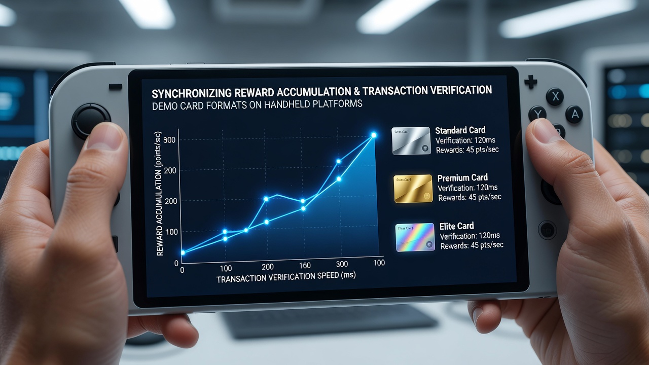 Handheld device displaying demo card interface with reward metrics and transaction logs