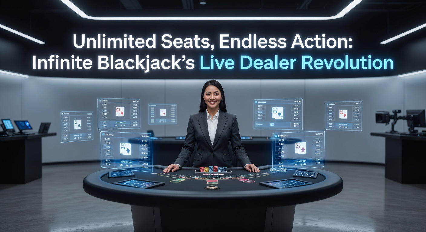 Live dealer at Infinite Blackjack table with multiple player interfaces on screens, capturing the high-energy, unlimited-seat action